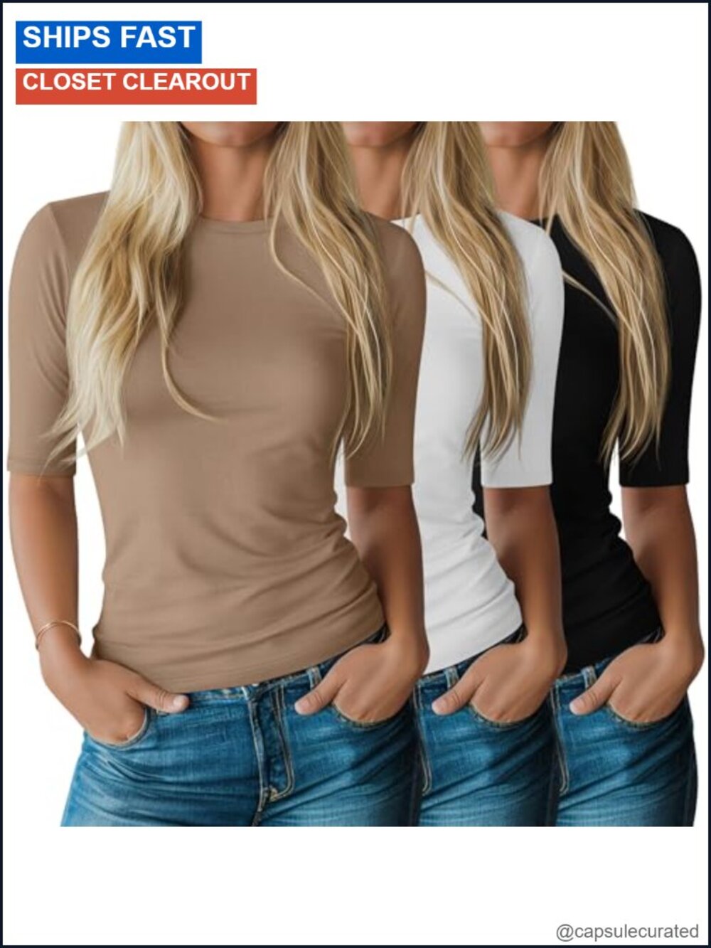 3 Pack Women's Slim Fit Crewneck Half Sleeve Cotton Blend T-Shirts